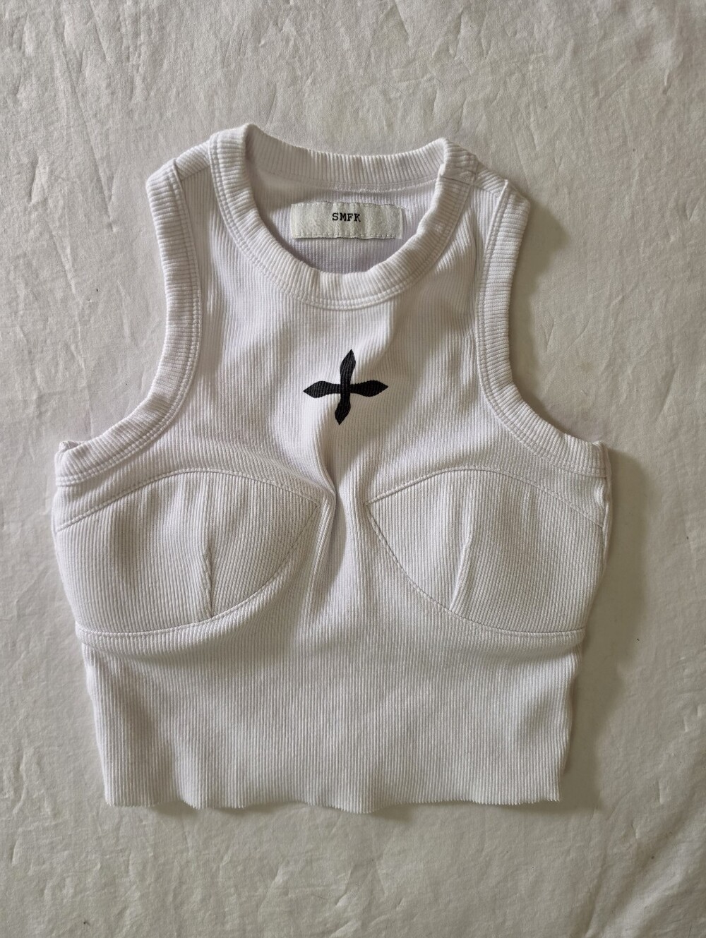 SMFK White Ribbed Crop Tank Top Sports Vest Cross Logo Bustier Style Size S